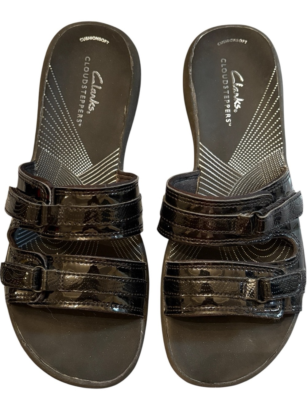Clarks Black Patent Double-Strap Slide Sandals 8M   0015